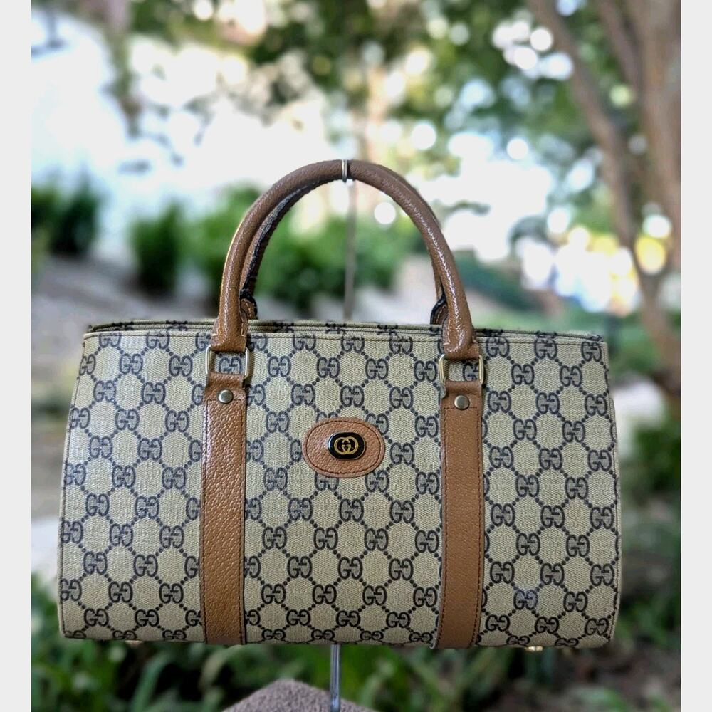 Vintage Gucci GG Classic Monogram Coated Canvas Brown Leather Boston Bag 70's